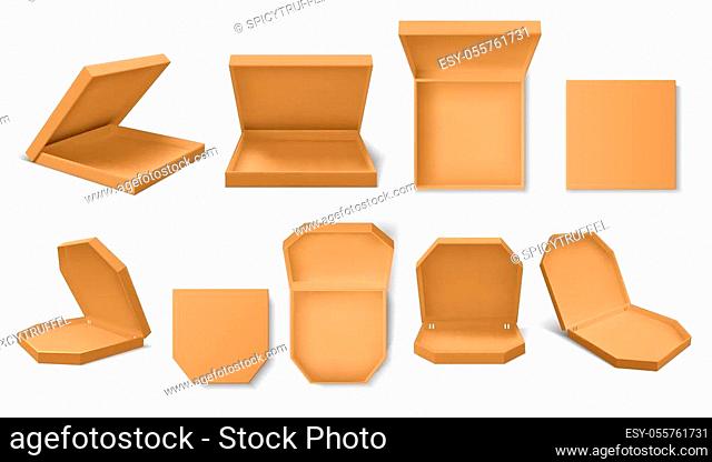Pizza box. Realistic 3D craft food containers for pizza delivery service, blank mockup for brand identity. Vector image collection product packet