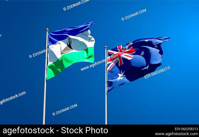 Beautiful national state flags of Lesotho and Australia together at the sky background. 3D artwork concept