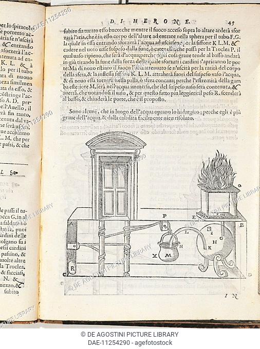 Heat engine, engraving from Gli artifitiosi et curiosi moti spiritali di Herone, translation by Giovanni Battista Aleotti of Hero of Alexandria's (ca 10 AD-ca...