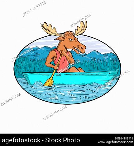 Cartoon style hand-drawn drawing illustration of a moose with paddle paddling a Canadian canoe in river or lake with mountains and trees in background set...
