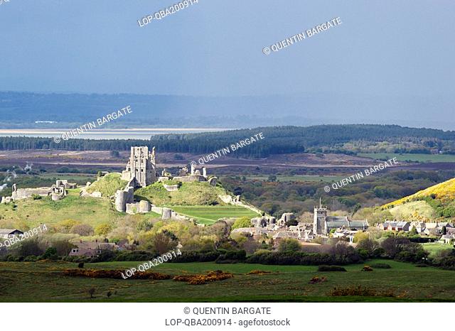 England, Dorset, Wareham, Corfe Castle and village from just outside Kingston in the Purbeck Hills