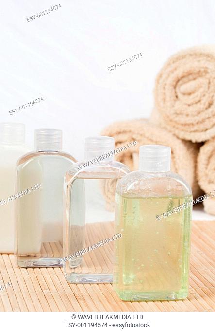 Close up of massage oils and towels
