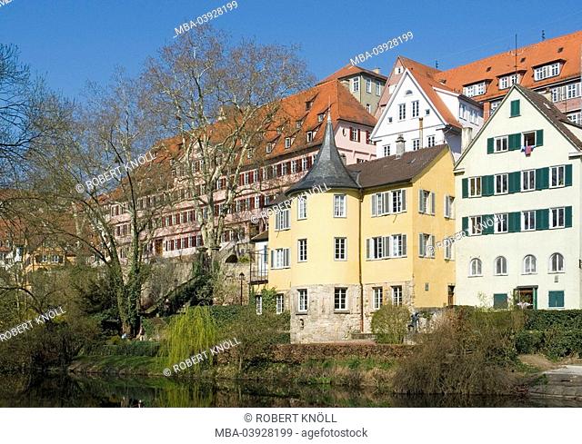 Germany, Baden-Württemberg, Tübingen, Hölderlin-tower, Burse, river Neckar houses residences row of houses Neckar-front, tower, buildings, architecture