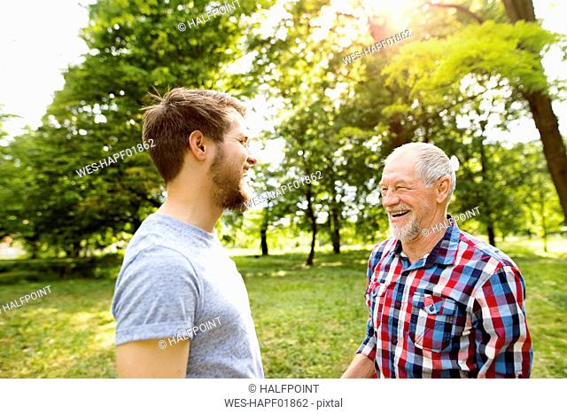 Senior father and his adult son laughing together in a park