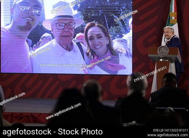 November 14, 2022, Mexico City, Mexico: Mexican President Andres Manuel Lopez Obrador, speaks at the daily morning conference before reporters in the Treasury...
