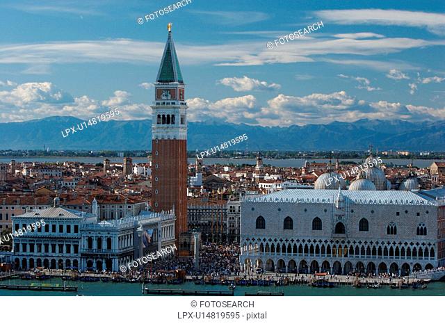 Aerial view of San Marco Campanile, Doge's Palace, waterfront, San Marco Basin from San Giorgio Maggiore