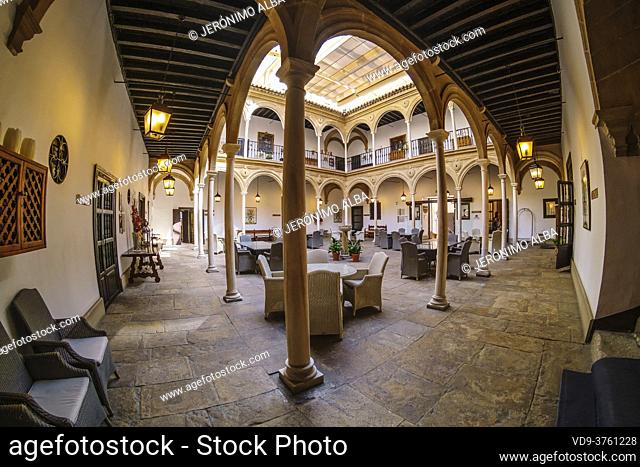Dean Ortega Palace courtyard, National Tourism Parador at Vazquez de Molina Square, Ubeda, UNESCO World Heritage Site. Jaen province, Andalusia