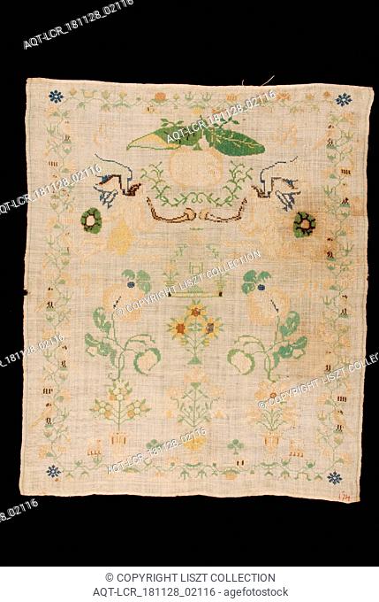 Sampler worked in cross stitch in colored silk on loosely woven bleached linen, marked EB VR 1836, sampler embroidery needlework image silk linen