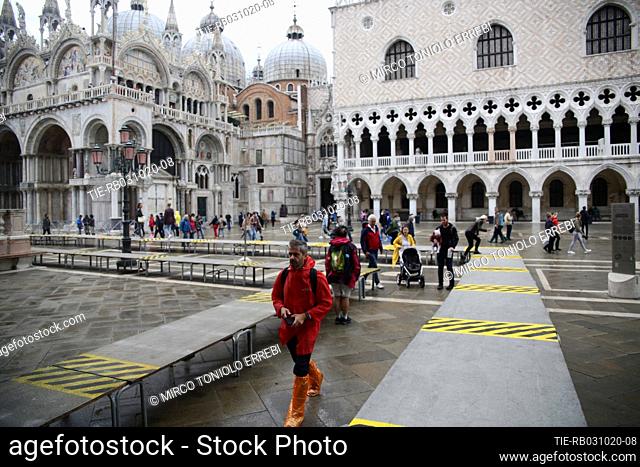 The barriers of the Mose system, which protects the city of Venice and the Venetian Lagoon from flooding, are emerged out of water, for the first time