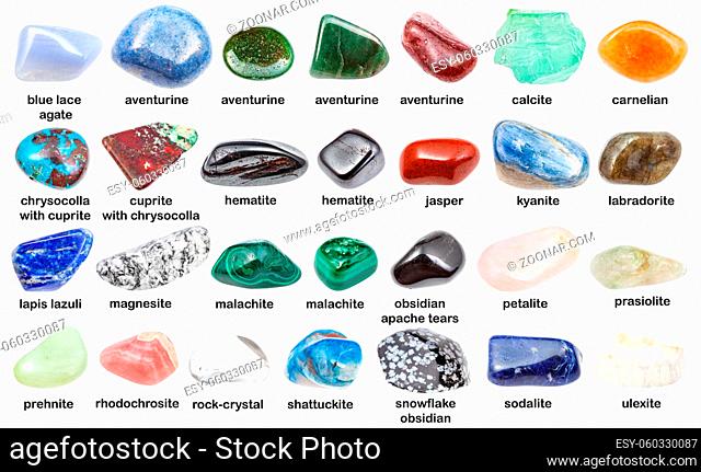 set of various polished stones with names (calcite, ulexite, magnesite, cuprite, chrysocolla, malachite, kyanite, shattuckite, obsidian, hematite, lazurite