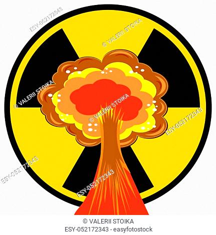 Nuclear Burst. Cartoon Bomb Explosion. Radioactive Atomic Power. Symbol of War. Big Mushroom Cloud. Ionizing Radiation Sign