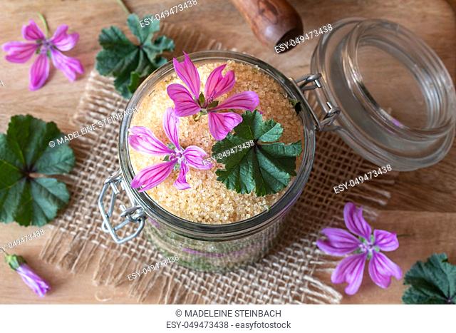 Preparation of herbal syrup against cough from wild common mallow flowers, leaves and cane sugar