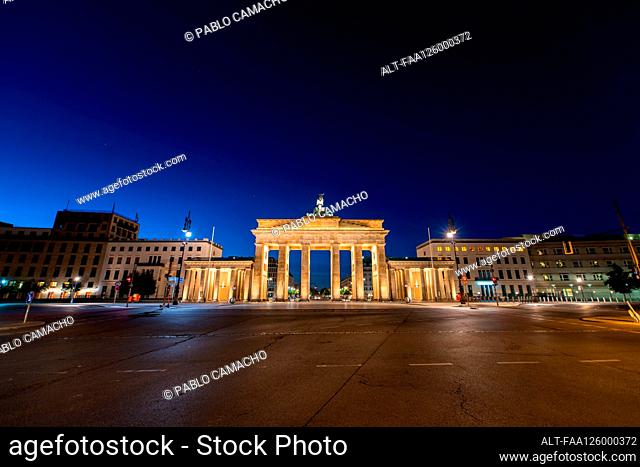 Low angle view of illuminated Brandenburg Gate at night, Berlin