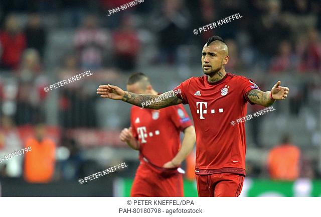 Munich's Arturo Vidal reacts after the UEFA Champions League semi final second leg soccer match between Bayern Munich and Atletico Madrid at the Allianz Arena...