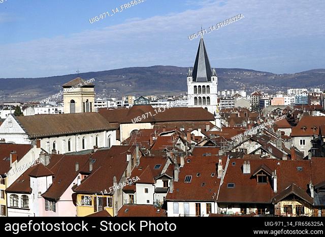 Aerial view of the city of Annecy yn the french Alps. Notre Dame de Liesse church and and house roofs. France