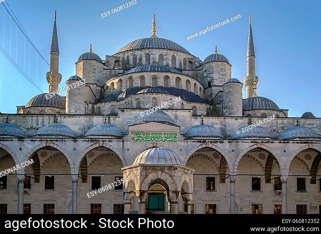 The Sultan Ahmed Mosque known as the Blue Mosque is an historic mosque in Istanbul. View from inner courtyard