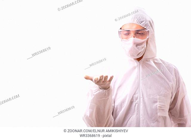 Man in protective suit isolated on white background