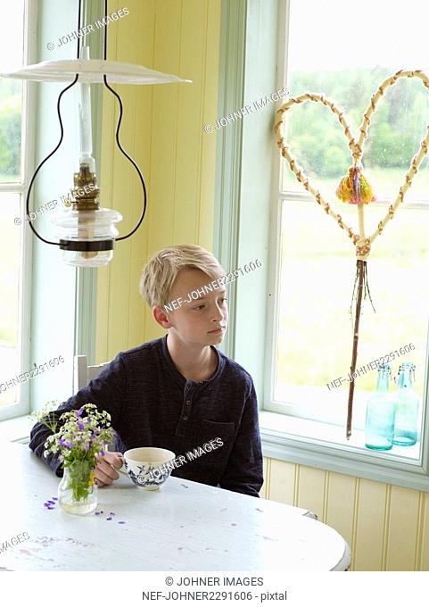 Boy sitting in dining room