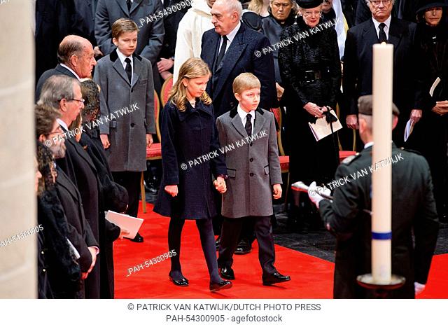 Belgian Prince Gabriel and Crown Princess Elisabeth (both C) attend the funeral of Belgian Queen Fabiola at the Cathedral of St. Michael and St