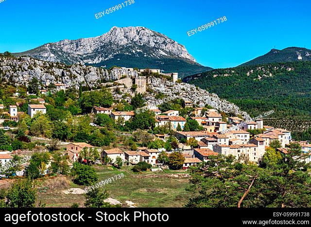 The village Trigance in Verdon Gorge, Gorges du Verdon, amazing landscape of the famous canyon with high limestone rocks in French Alps, Provence, France