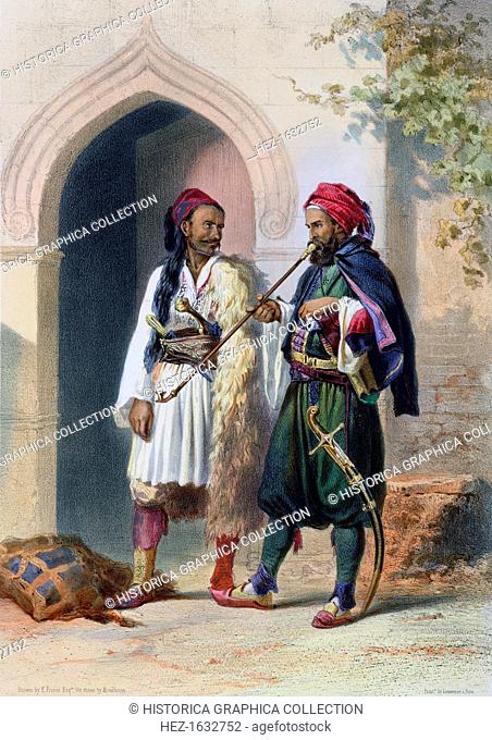 Arnaout and Osmanli soldiers in Alexandria, Egypt, 1848. Illustration from The Valley of the Nile by Emile Prisse d'Avennes, 1848
