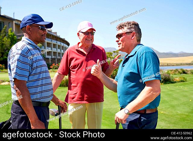 Happy male golfer friends talking on sunny golf course