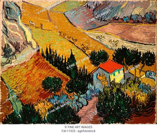 Landscape with House and Ploughman. Gogh, Vincent, van (1853-1890). Oil on canvas. Postimpressionism. 1889. State Hermitage, St. Petersburg. 33x41, 4