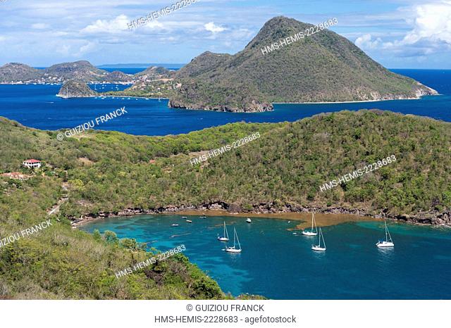 France, Guadeloupe (French West Indies), Les Saintes archipelago, Terre de Bas, panoramic view over Terre de Haut and Grande Baie on the foreground