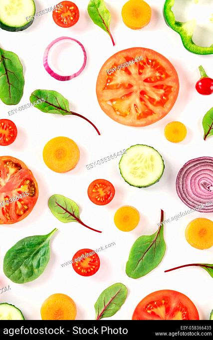 Fresh vegetables, a flatlay on a white background, vibrant food pattern, top shot
