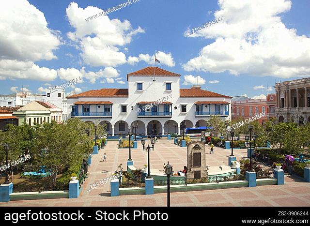 View to the Ayuntamiento-City Hall at Plaza De Cespedes at the historic center, Santiago De Cuba, Cuba, West Indies, Central America