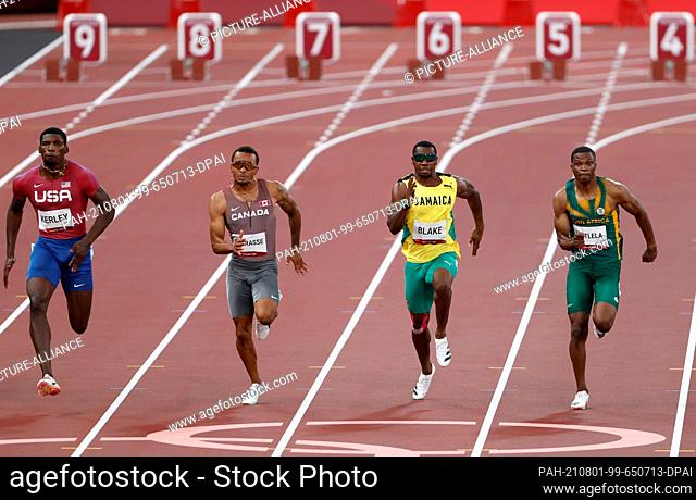 01 August 2021, Japan, Tokio: Athletics: Olympics, 100m, men, prelims, Fred Kerley, l-r (USA), Andre de Grasse (Canada), Yohan Blake (Jamaica) and Gift Leotlela...