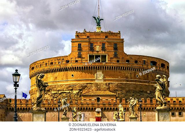 Castel Sant#39;Angelo or Mausoleum of Hadrian and statues on the bridge by day, Rome, Italy