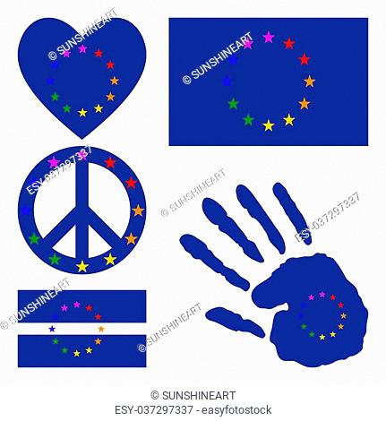 European gay pride flag, heart, pacific sign, equality symbol and hand print for you design. Collection of gay culture symbols