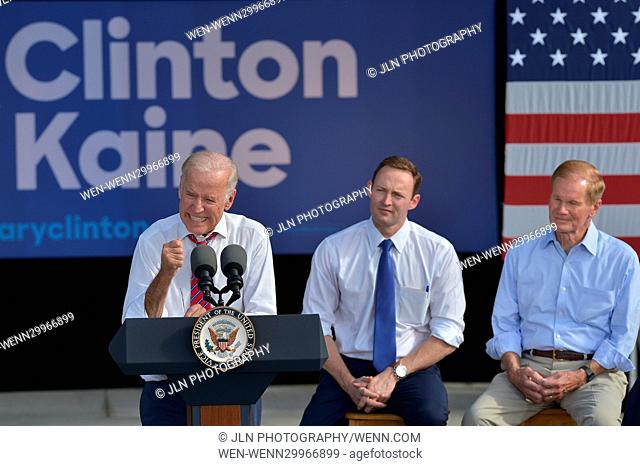 Vice President Joe Biden speaking onstage with U.S. Representative (D-FL-18) Patrick Murphy and U.S. Sen. Bill Nelson (D-FL) during a public campaign rally for...