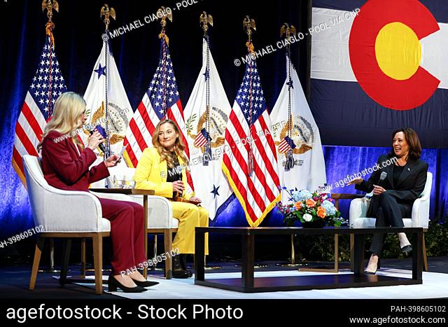 United States Representative Brittany Pettersen (Democrat of Colorado), left, Sasha DiGiulian, a professional rock climber, center