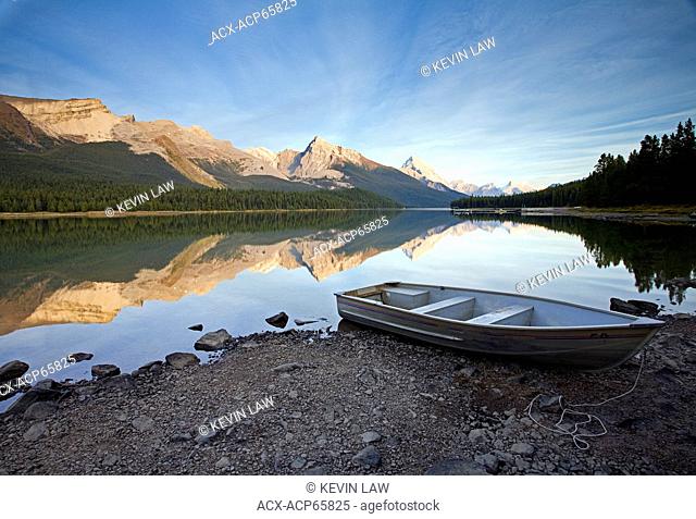 Row boat on shore at Maligne Lake, Jasper National Park, Alberta, Canada
