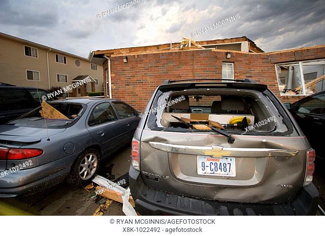 Damaged cars and a destroyed building at the Stratford apartment complex at 1919 West 39th after several tornadoes went through Kearney, Nebraska, May 29, 2008
