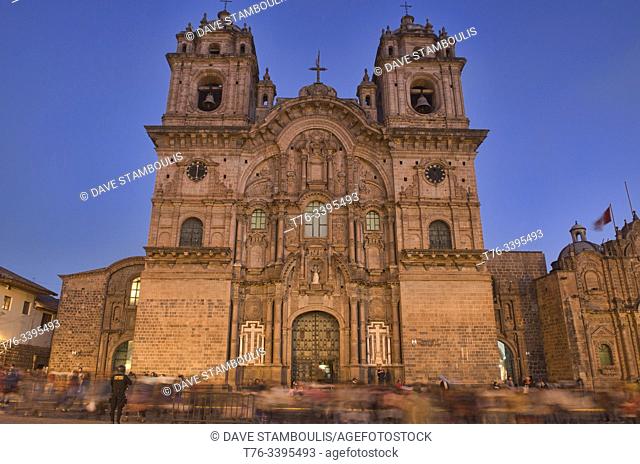 The Compañia de Jesus church in the Plaza de Armas at blue hour, Cusco, Peru