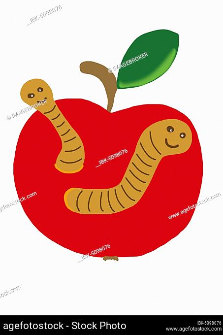 Naive illustration, children's drawing, worms on a wormy apple, Germany, Europe