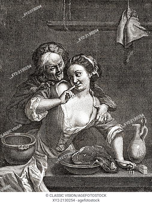 Older man seducing a young woman, after an 18th century work by Jacob van Schuppen. From Illustrierte Sittengeschichte vom Mittelalter bis zur Gegenwart by...