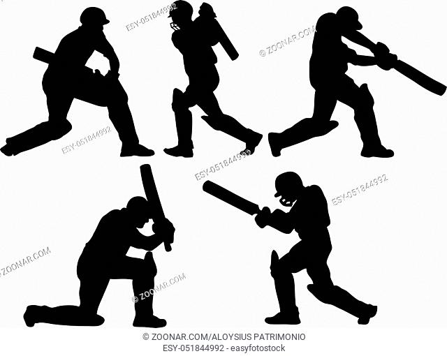 graphic design illustration of a cricket player batsman batting silhouettes on isolated white background
