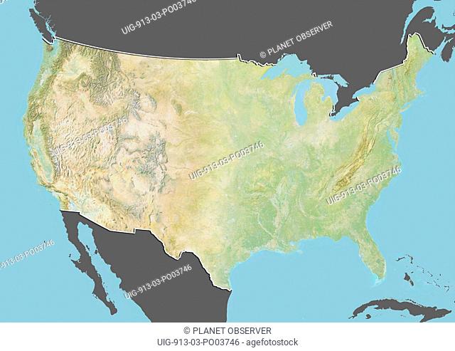 Relief map of the United States with border and mask. This image was compiled from data acquired by landsat 5 & 7 satellites combined with elevation data