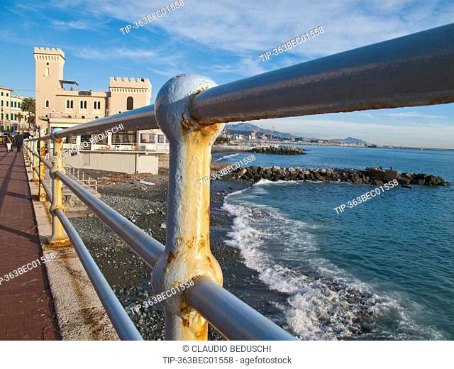 Italy, Liguria, Pegli, the promenade, in background Miramare castle