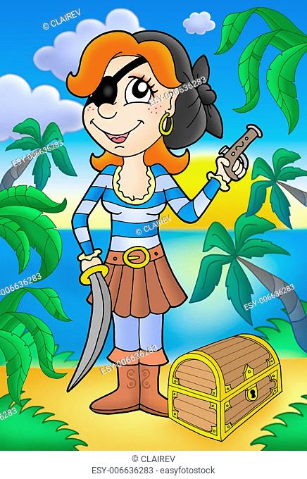 Pirate woman with pistol and treasure chest - color illustration