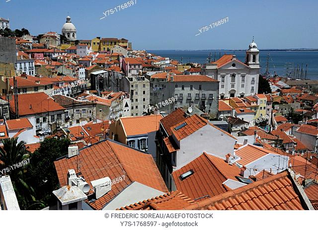 View on Alfama district from the Miradouro Santa Luzia, Lisbon, Portugal, Europe
