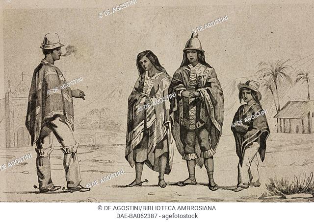 Men, women and children wearing traditional Chilean costumes, Chile, engraving by Vernier from Chili, Paraguay, Buenos-Ayres, by Cesar Famin, Patagonie