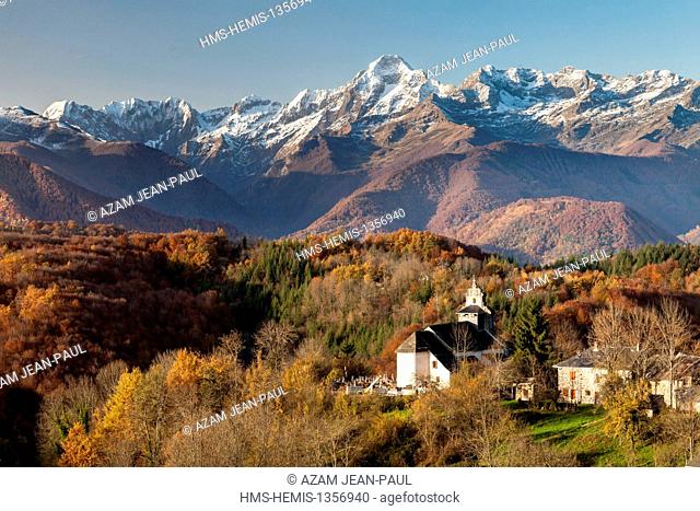 France, Ariege, Aleu church and the Valier peak, Couserans