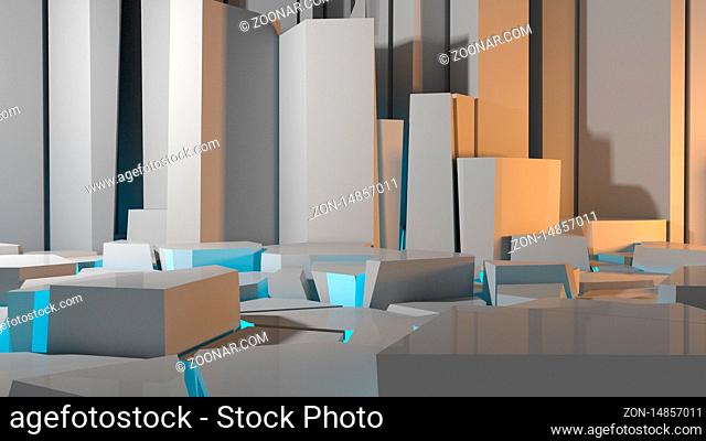 Abstract concrete interior or exterior with chaotic polygonal relief pattern on the wall and floor looks like an ice. 3d illustrationd