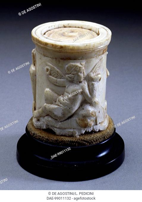 Eros sitting on a rock, detail from an ivory ciborium with reliefs and lid adorned with concentric ribs, artefact uncovered in Pompeii, Campania, Italy