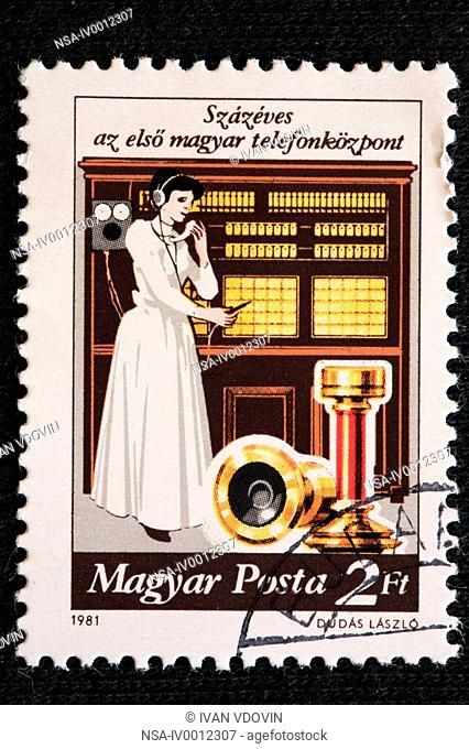 Telephone girl, postage stamp, Hungary, 1981